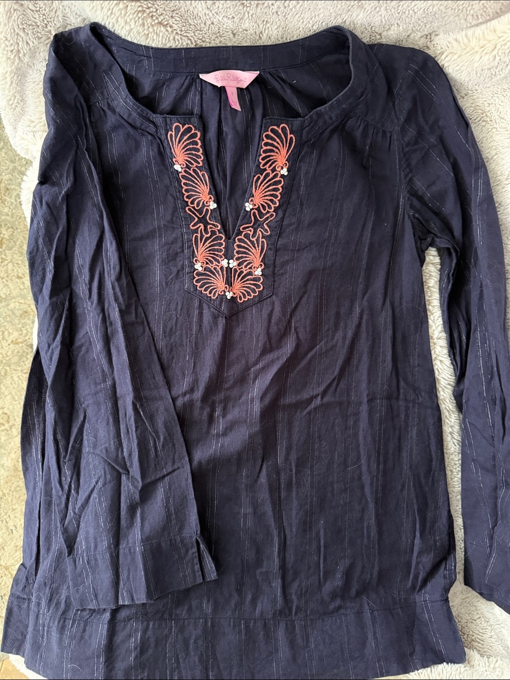 Lilly Pulitzer Navy Tunic with Pink Coral Shell Embroidered Neckline